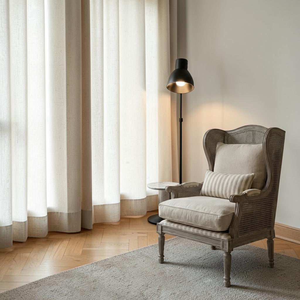Homecrest Ridlington grey upholstered armchair with rattan side panels and solid wood frame in a bright living room