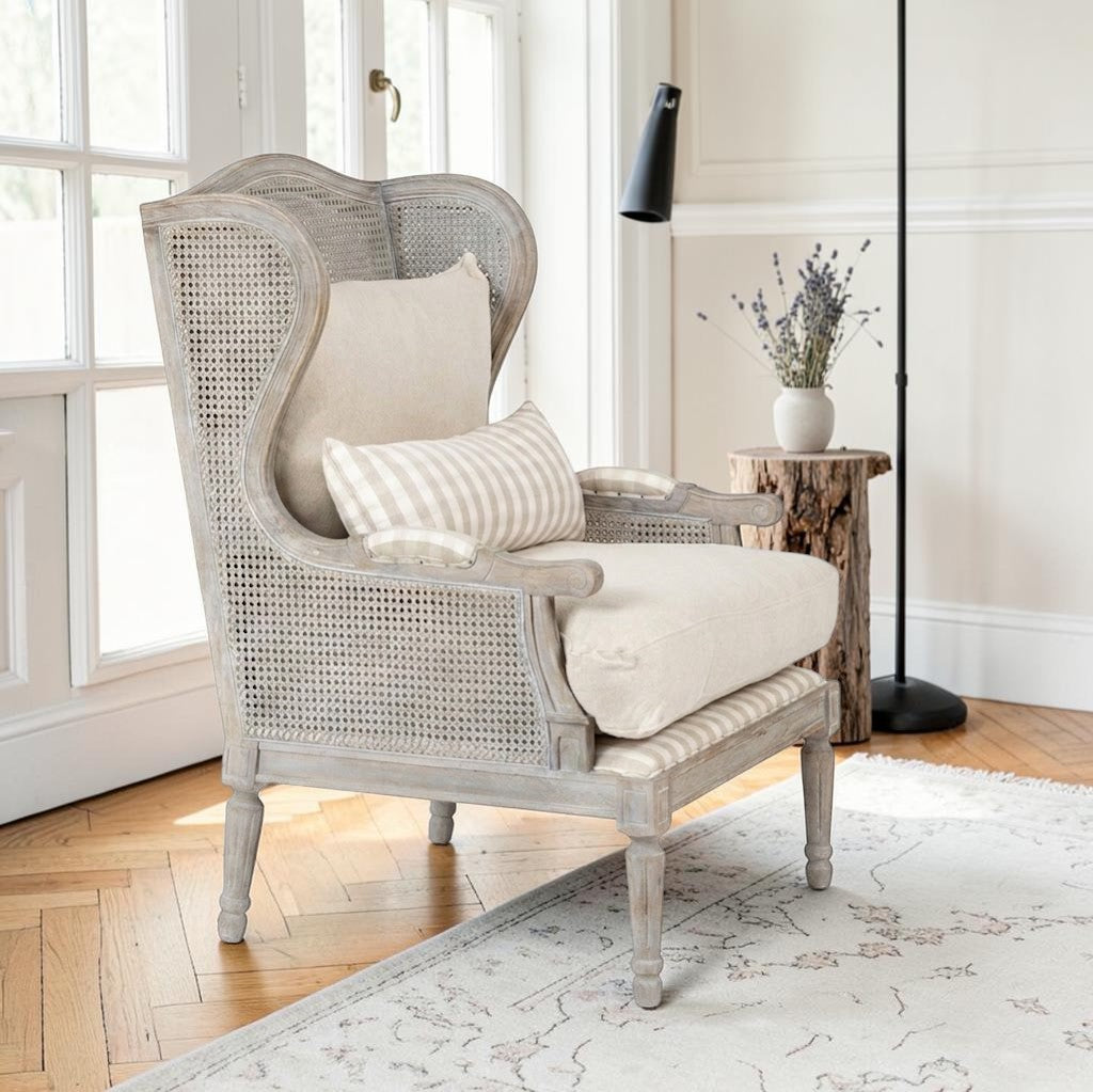 Homecrest Ridlington grey solid wood and rattan wingback armchair with striped accent pillow