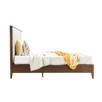 Homecrest Rushden teakwood bed with a tall paneled upholstered headboard in marble fabric, side profile view.