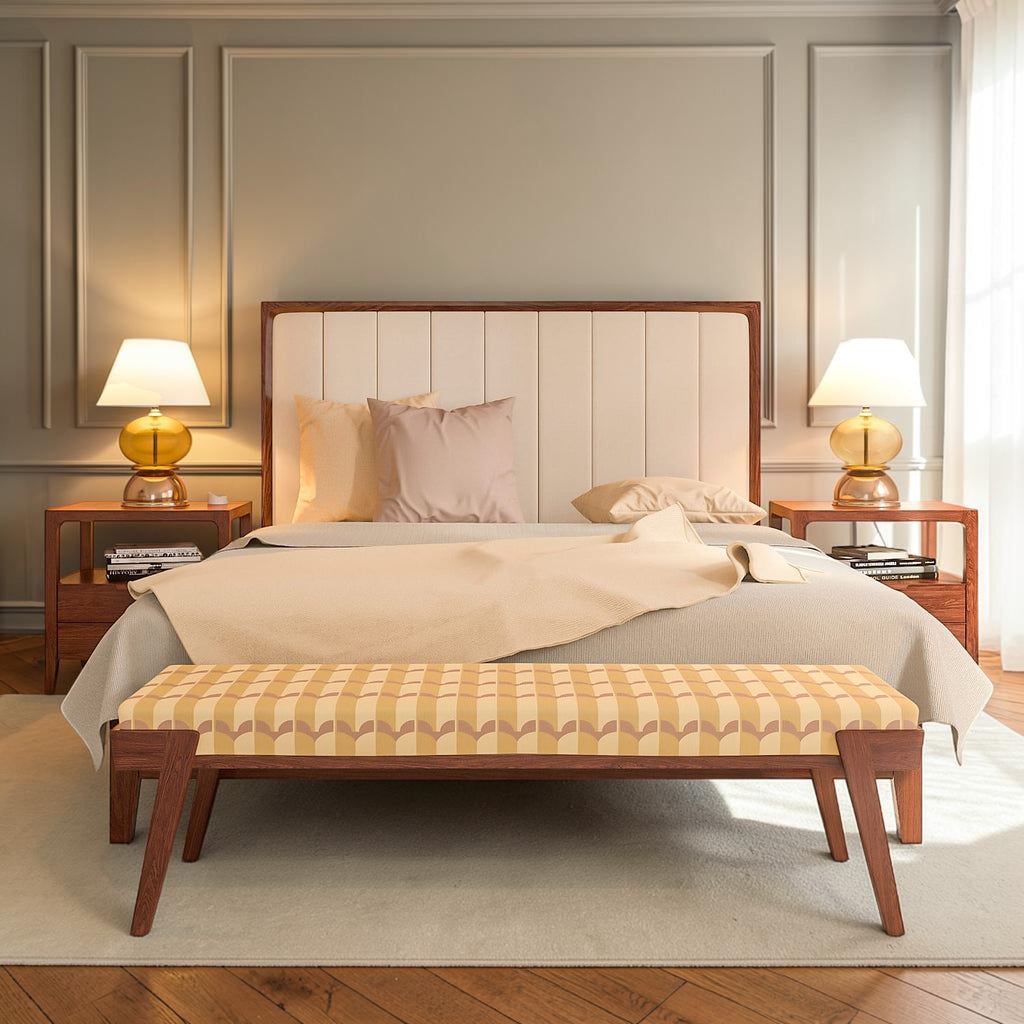Homecrest Rushden teakwood king bed with a cream paneled upholstered headboard in a modern bedroom setting.