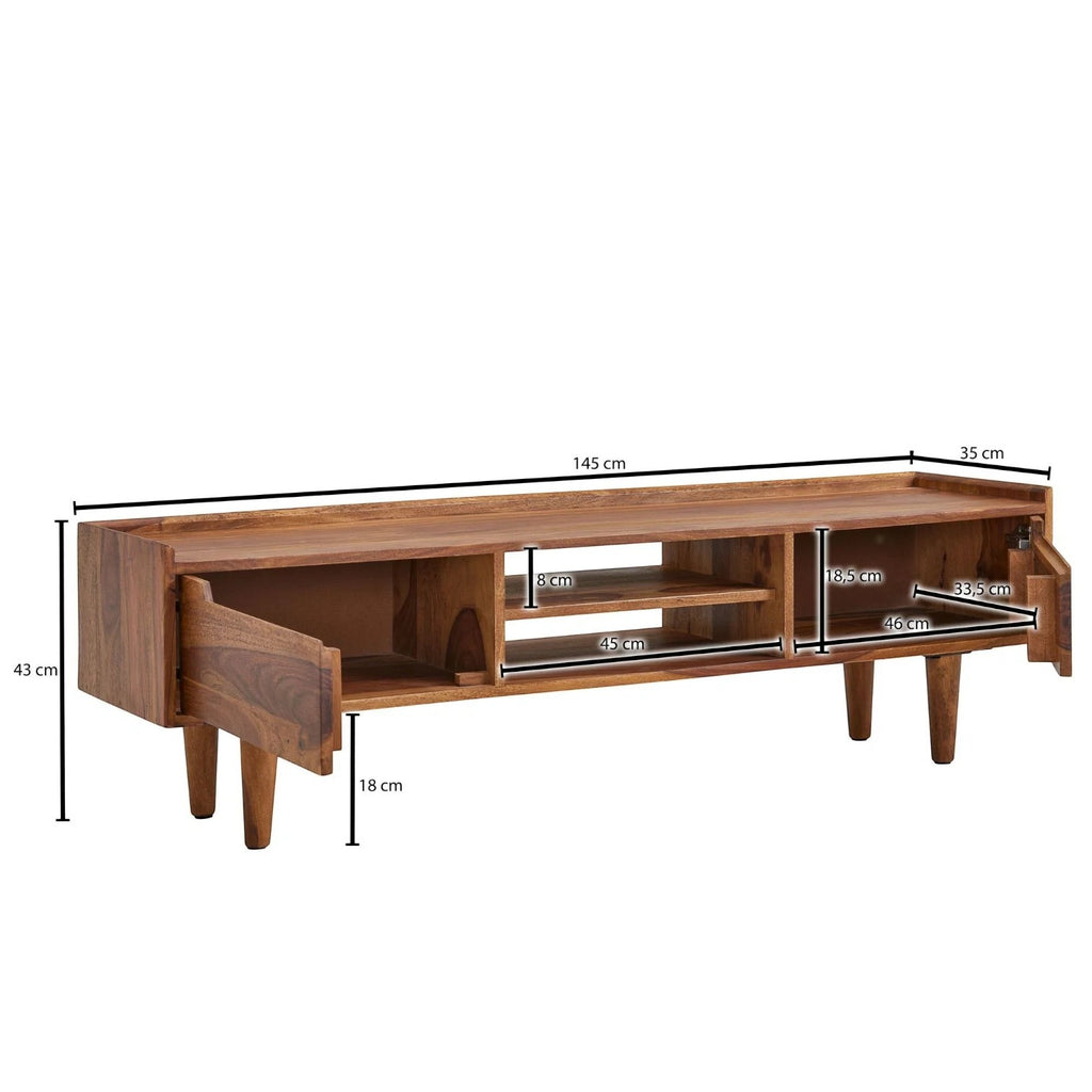 Homecrest Rowley solid wood media cabinet with open shelves and side cabinets shown with dimension annotations