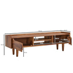 Homecrest Rowley solid wood media cabinet with open shelves and side cabinets shown with dimension annotations
