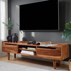 Homecrest Rowley solid wood media cabinet with two drawers and an open shelf in a warm natural wood finish