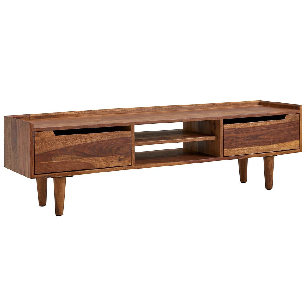 Homecrest Rowley solid wood media cabinet in a rich walnut finish with two drawers and a central open shelf.
