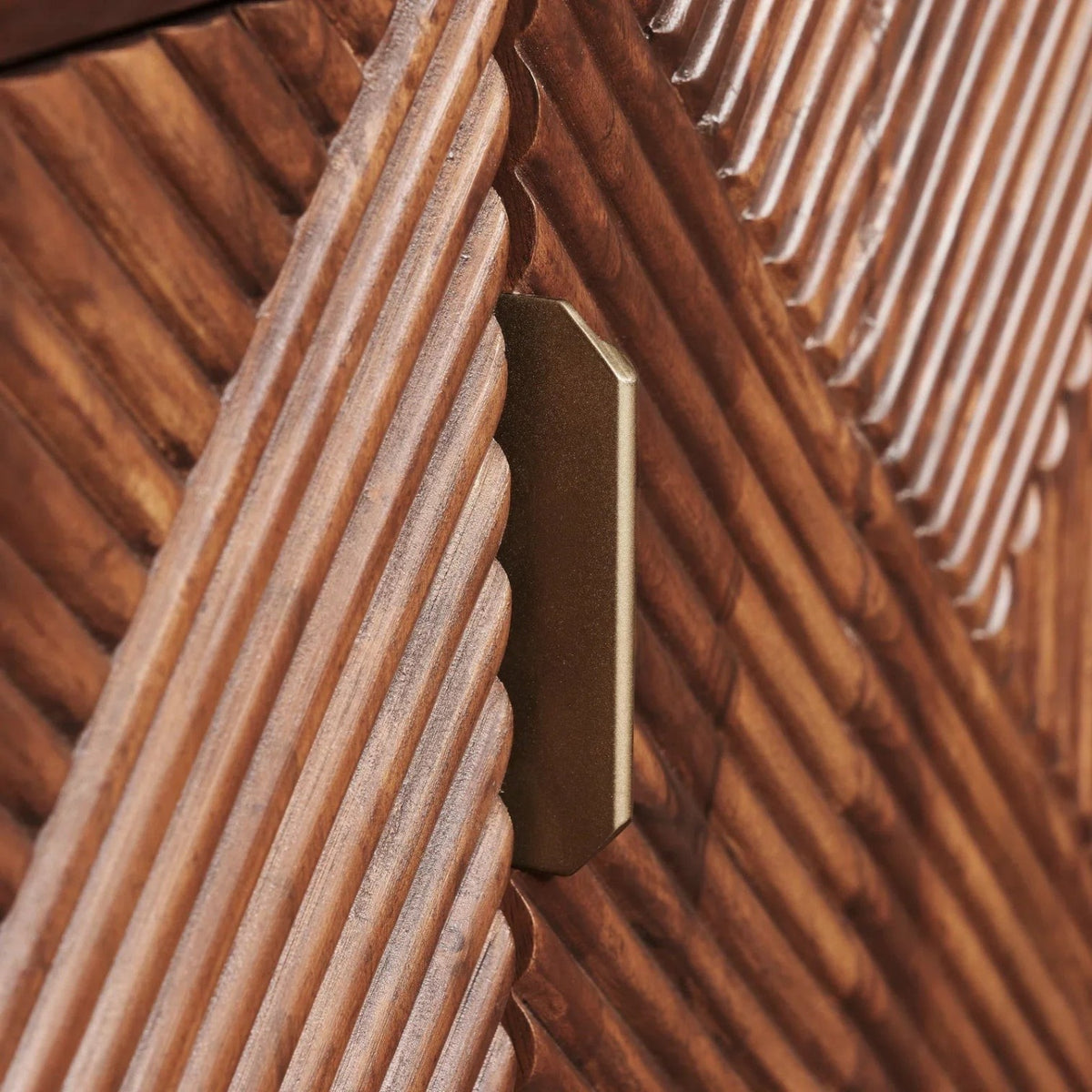 Homecrest Sabine media cabinet featuring solid sheesham wood with fluted door details and gold-toned profile handles.