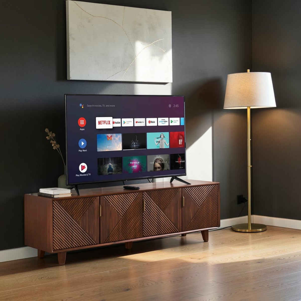 Homecrest Sabine fluted media cabinet in walnut solid sheesham wood with four doors and gold-toned profile handles.