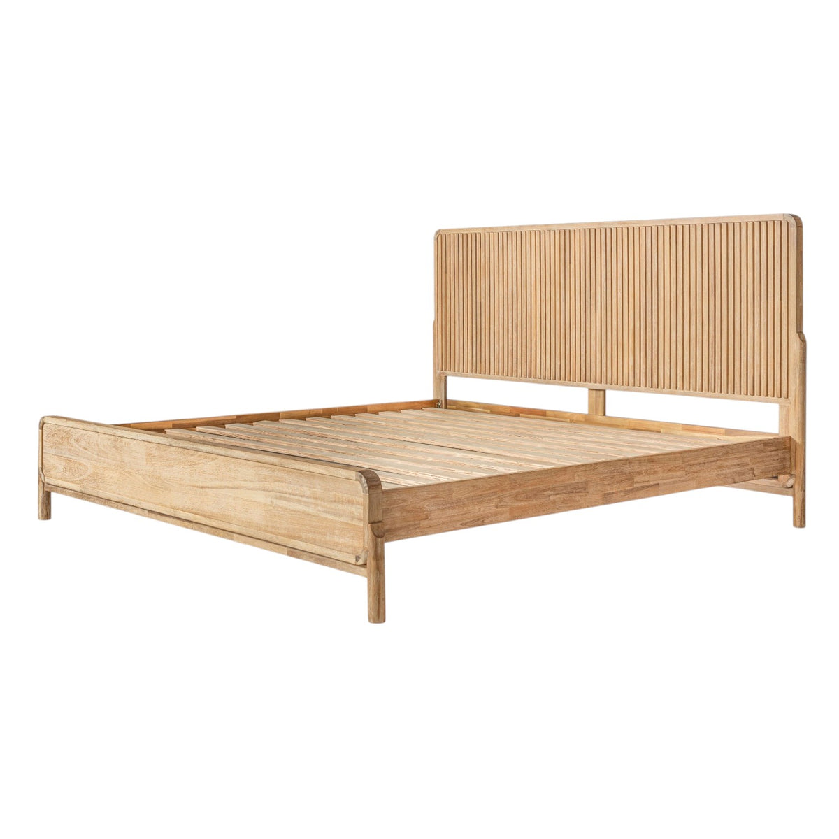 Homecrest modern Scandinavian platform bed in natural wood with a vertical slatted headboard and low profile frame.