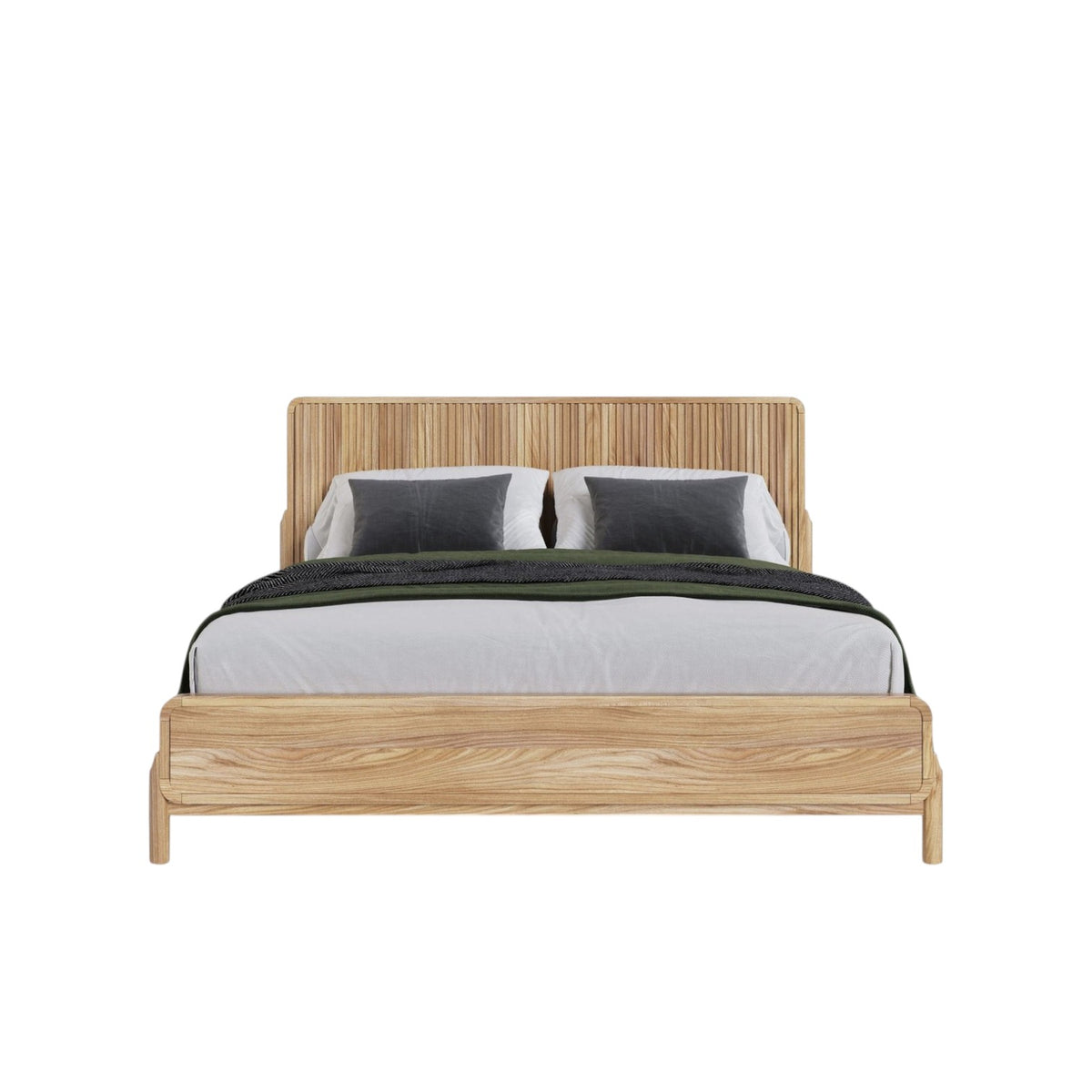 Homecrest modern Scandinavian platform bed with a natural wood slatted headboard and white bedding