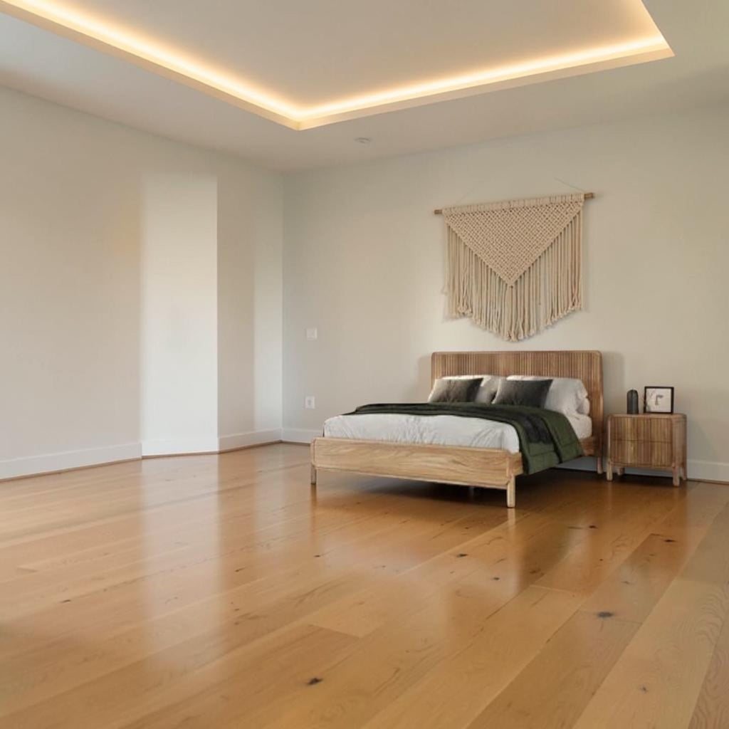 Homecrest modern Scandinavian platform bed with a natural wood slatted headboard in a minimalist bedroom setting.