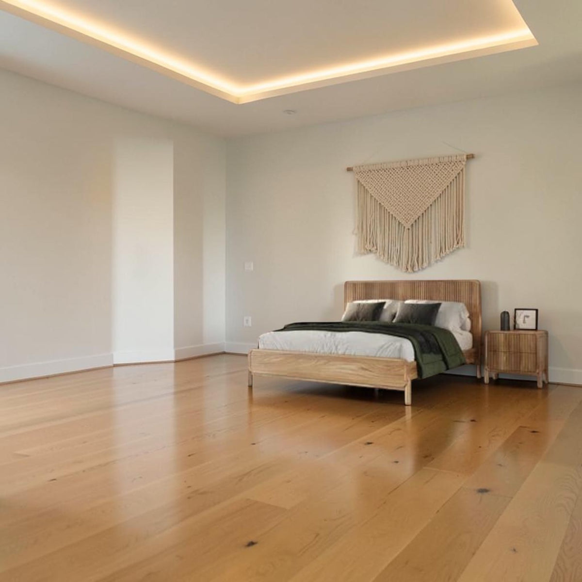 Homecrest modern Scandinavian platform bed with a natural wood slatted headboard in a minimalist bedroom setting.