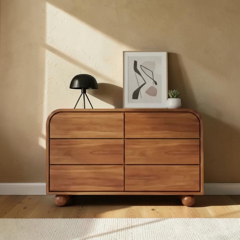 Homecrest Roswell 6-drawer dresser in warm brown acacia wood with rounded edges and spherical feet