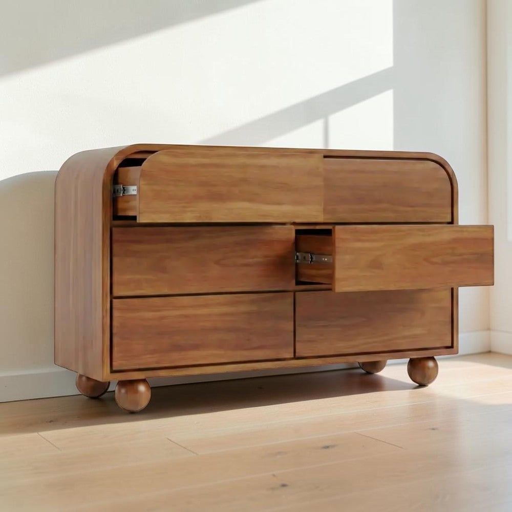 Homecrest Roswell 6-drawer dresser in warm brown acacia wood with rounded edges and spherical feet
