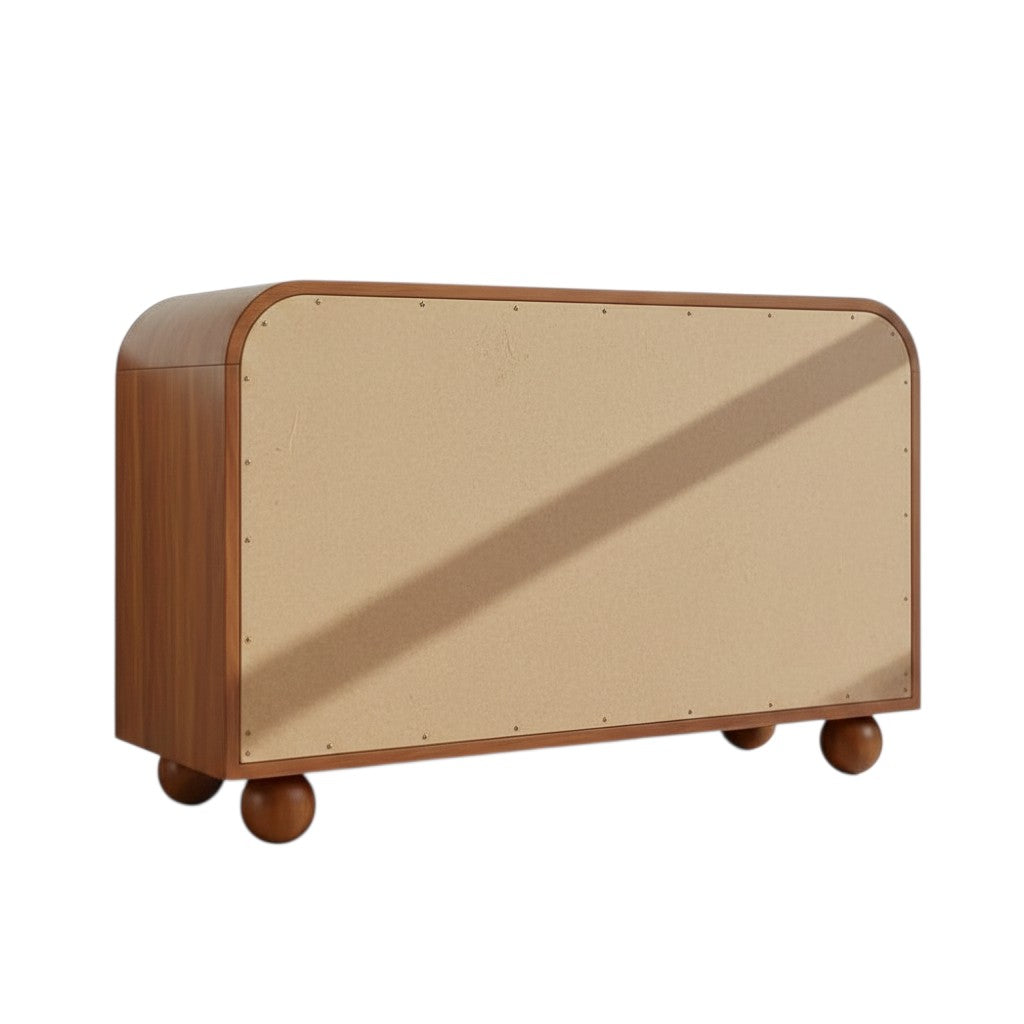 Homecrest Roswell 6 drawer dresser back view showing warm brown acacia wood frame and rounded ball feet