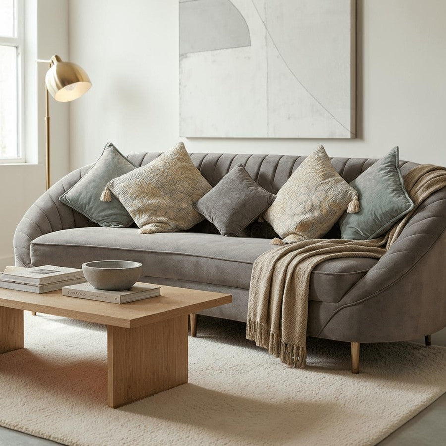 Homecrest Calvert sofa in grey velvet with curved backrest, decorative throw pillows, and a light beige throw blanket.