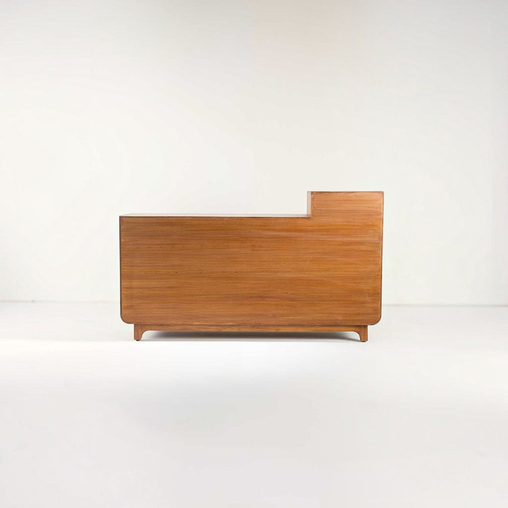 Homecrest Selby sideboard in medium teak wood with a stepped silhouette and smooth finish against a white background
