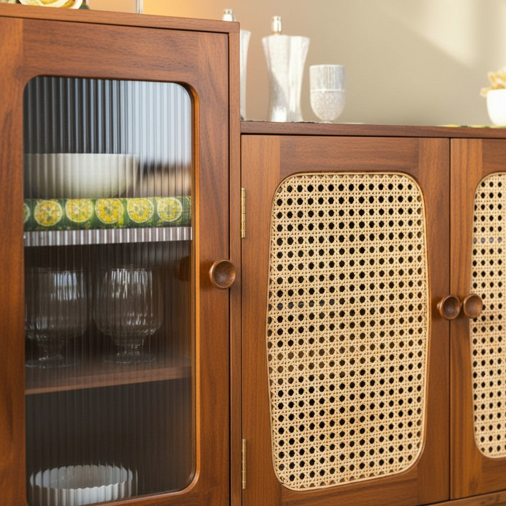 Homecrest Selby sideboard in medium teak featuring a fluted glass cabinet door and handwoven wicker cupboard doors.