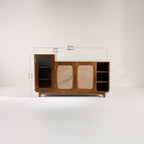 Homecrest Selby sideboard in reclaimed teak with wicker doors, fluted glass cabinet, and open shelving.