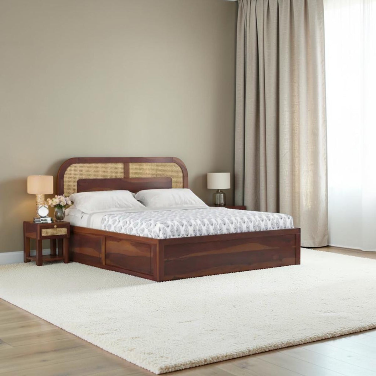 Homecrest Rhodin Sheesham wood bed with walnut finish, cane headboard detailing, and convenient hydraulic storage.