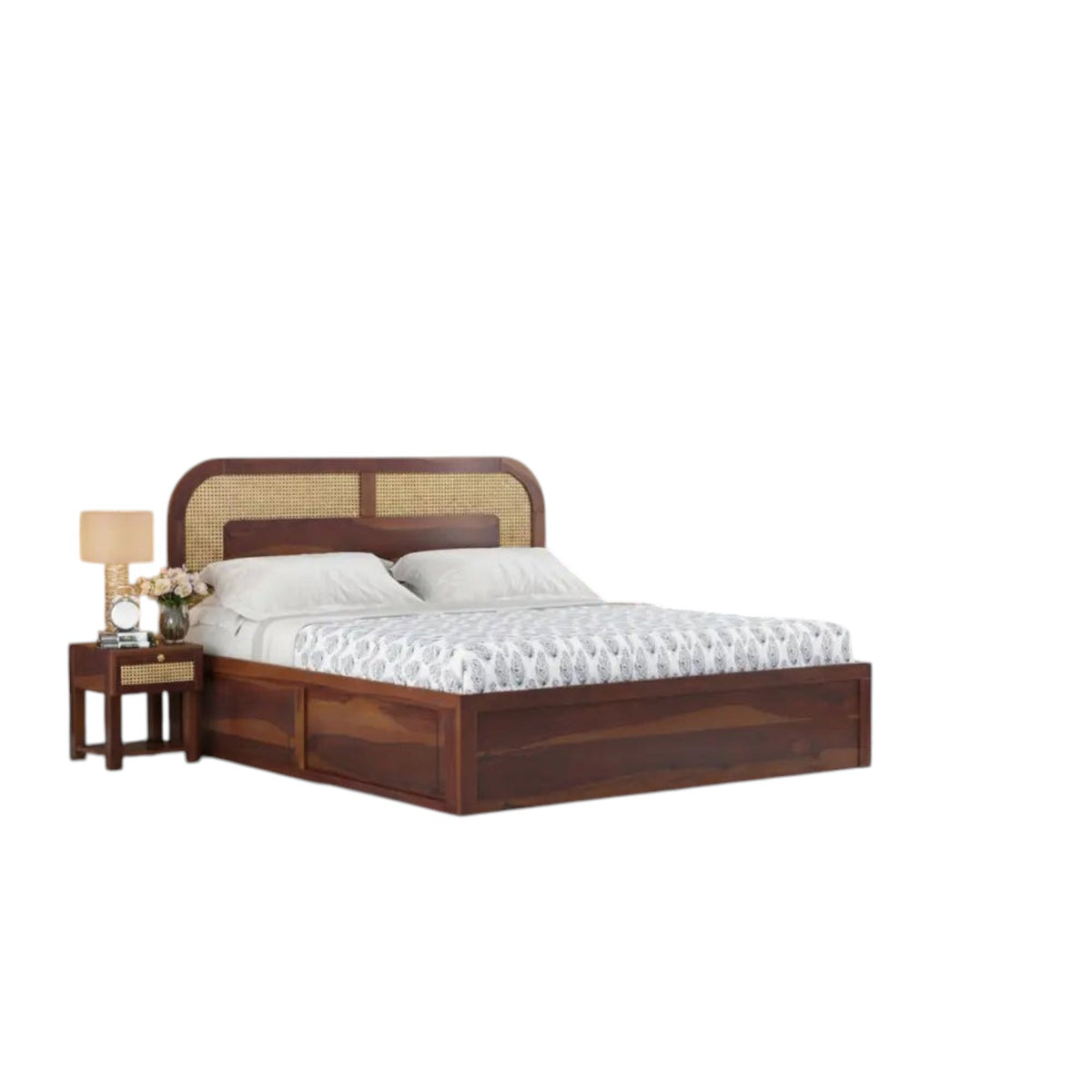 Homecrest Rhodin Sheesham wood bed with cane headboard, walnut finish, and hydraulic storage, shown with a nightstand.