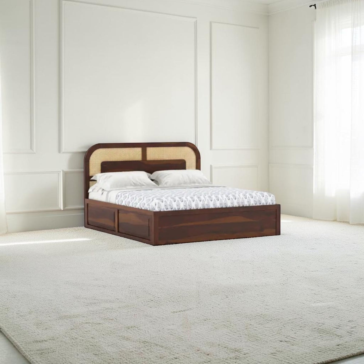Homecrest Rhodin Sheesham wood bed with cane headboard and walnut finish featuring convenient hydraulic storage