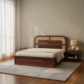 Homecrest Rhodin Sheesham wood bed with cane headboard and walnut finish featuring convenient hydraulic storage