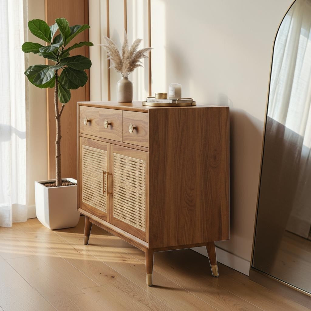 Homecrest Vellore solid sheesham wood chest of drawers with honey finish, rattan cabinet doors, and gold accents.