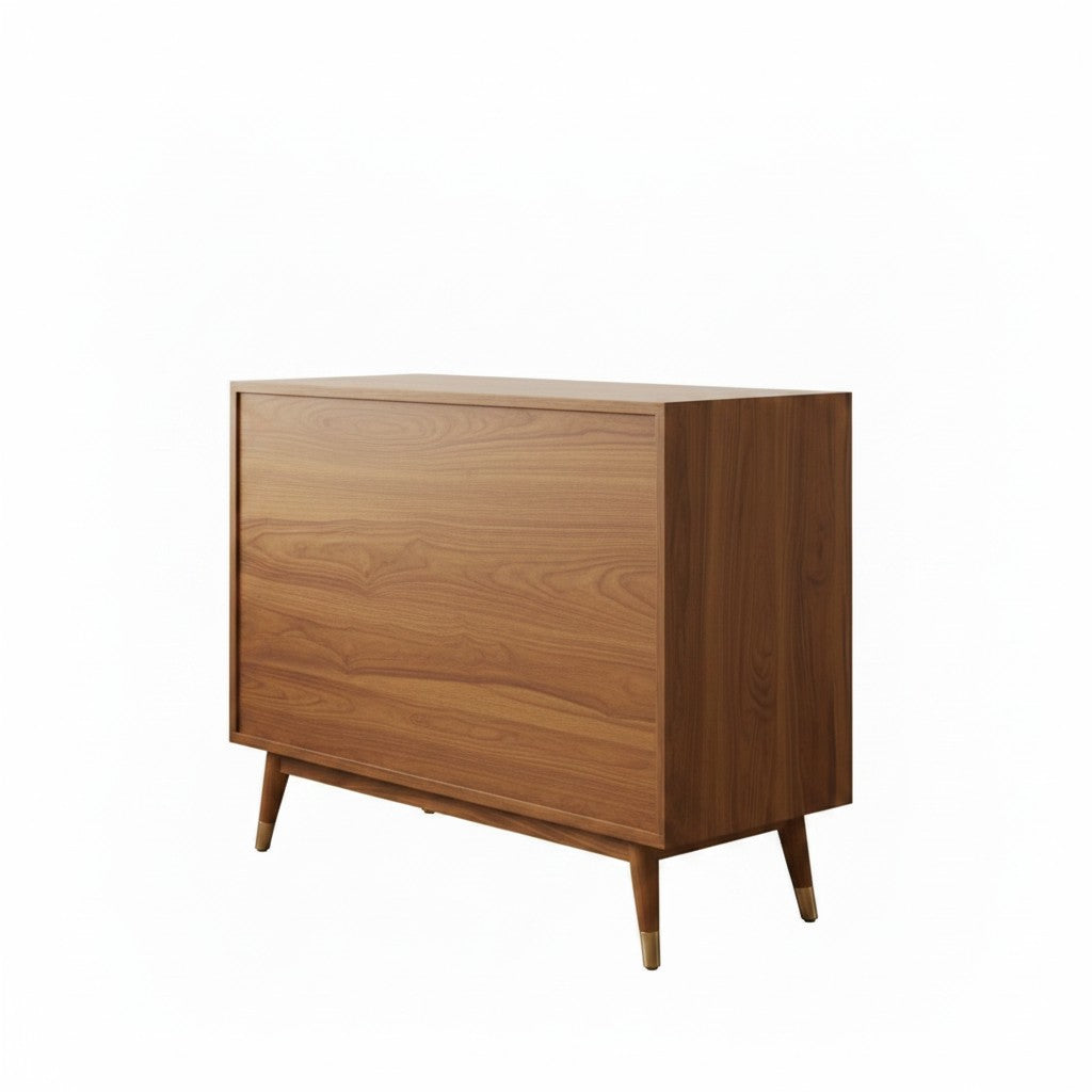 Homecrest Vellore solid sheesham wood chest of drawers with a warm honey finish and tapered legs on a white background
