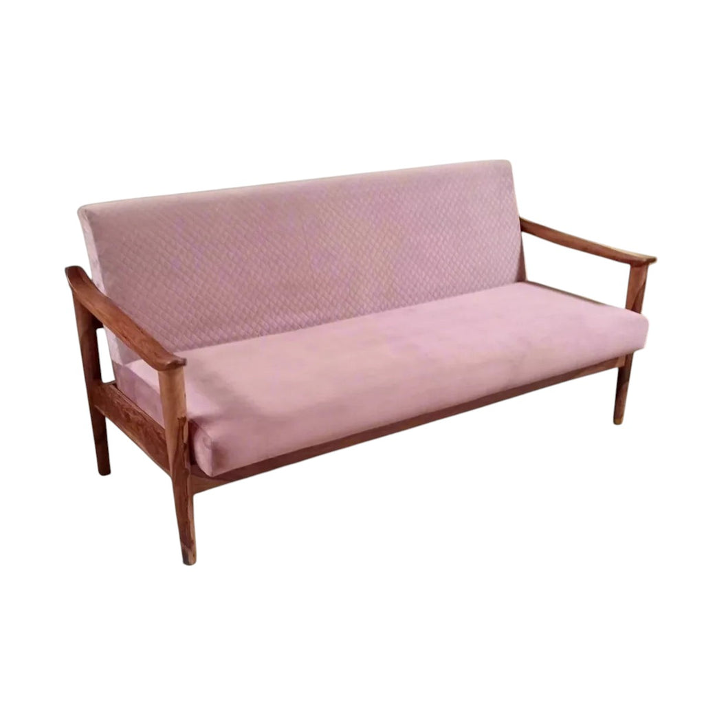 Homecrest contemporary sofa with a solid Sheesham wood frame and pink velvet upholstery featuring quilted detailing.