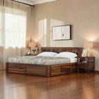 Homecrest La-Diode solid sheesham wood platform bed with a geometric pattern headboard and built-in box storage.