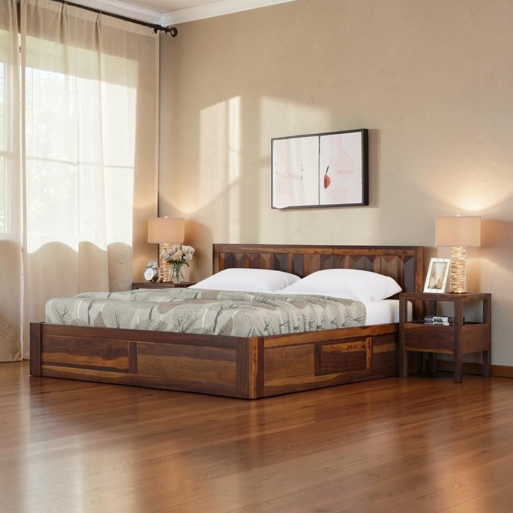 Homecrest La-Diode solid sheesham wood platform bed with a geometric pattern headboard and built-in box storage.