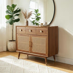 Homecrest Vellore solid Sheesham wood chest of drawers with honey finish, rattan cabinet doors, and gold hardware.