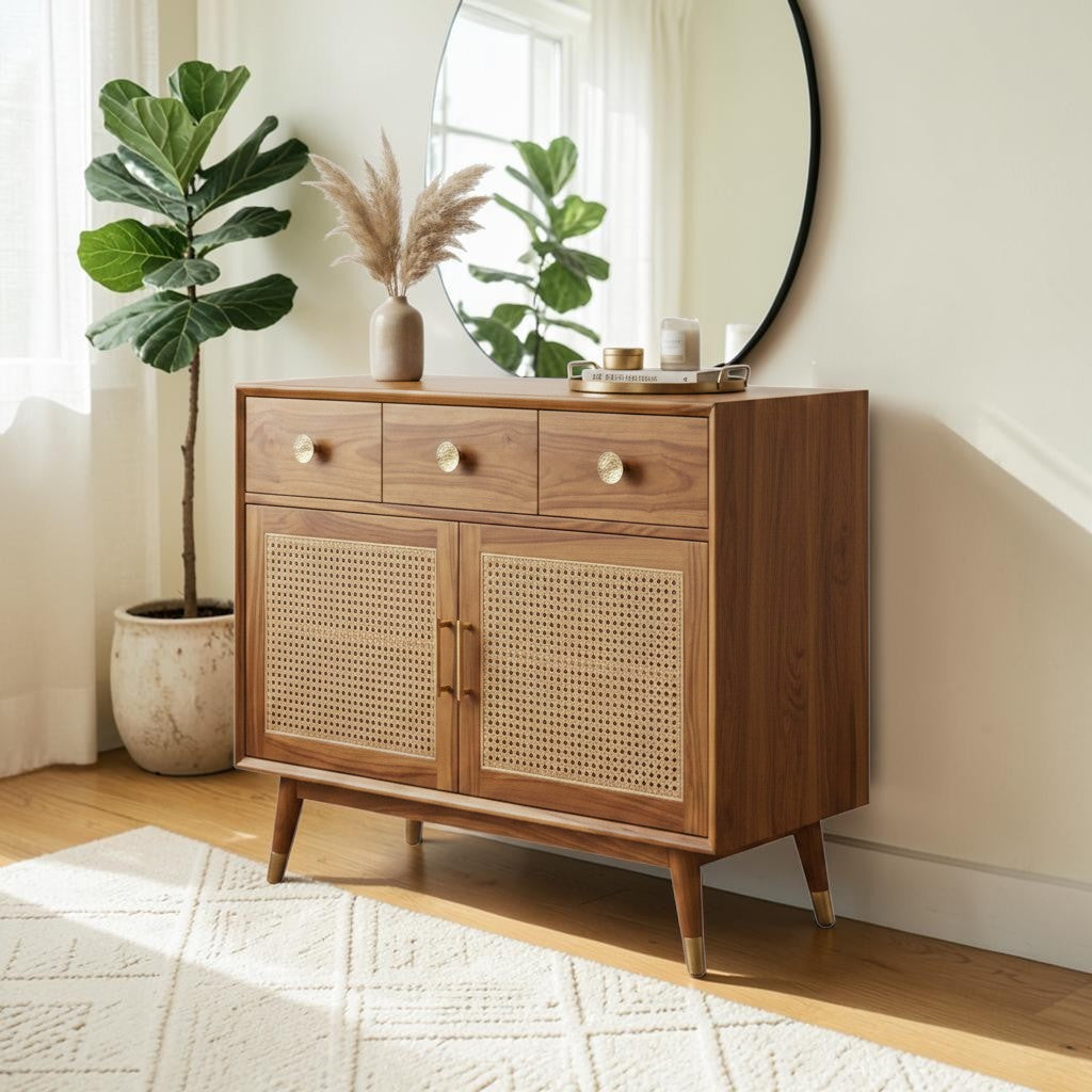 Homecrest Vellore solid Sheesham wood chest of drawers with honey finish, rattan cabinet doors, and gold hardware.