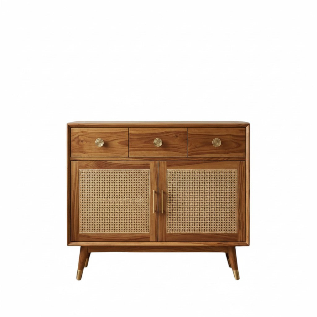 Homecrest Vellore solid Sheesham wood chest of drawers with honey finish, rattan cabinet doors, and gold hardware.