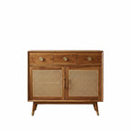 Homecrest Vellore solid Sheesham wood chest of drawers with honey finish, rattan cabinet doors, and gold hardware.