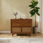 Homecrest Meade solid Sheesham wood chest of drawers with a honey finish, two drawers, and rattan cabinet doors.