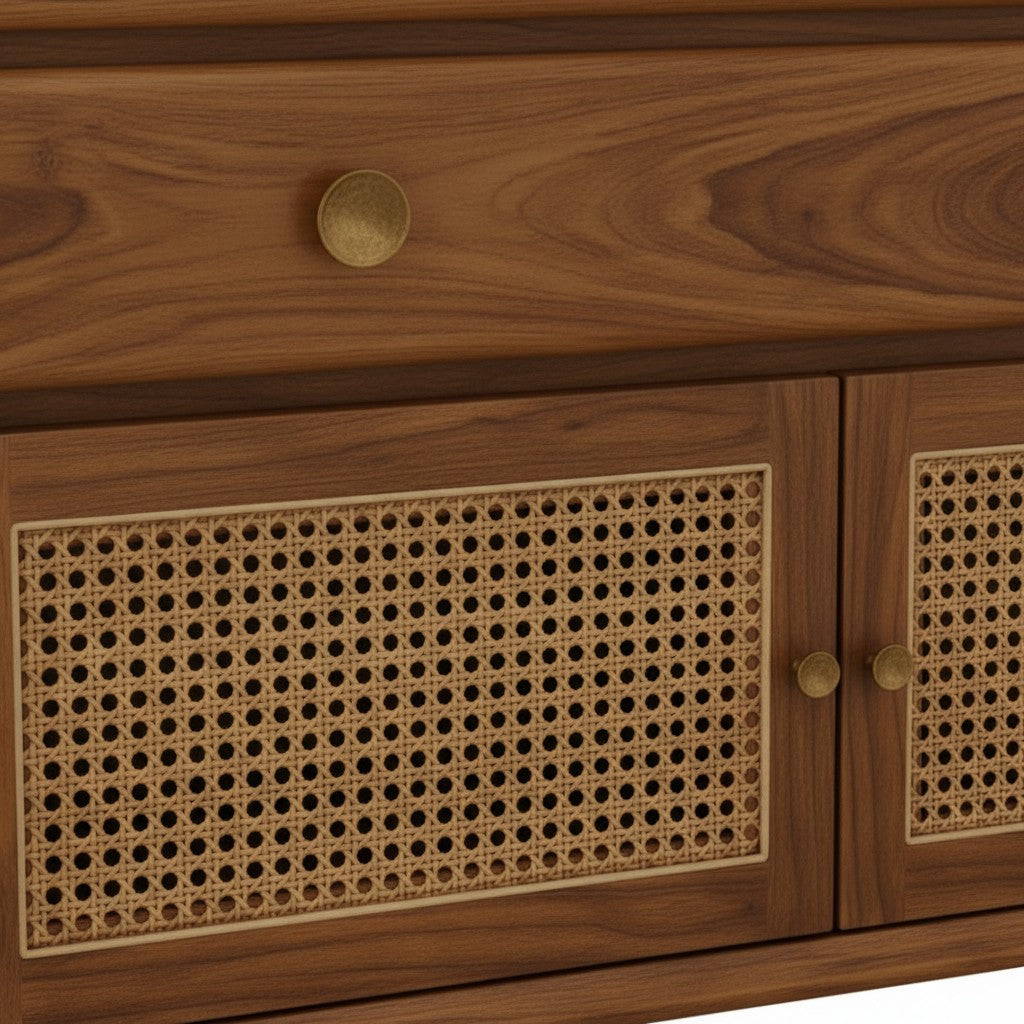 Homecrest Meade solid sheesham wood chest of drawers with honey finish and intricate rattan cabinet door detailing.