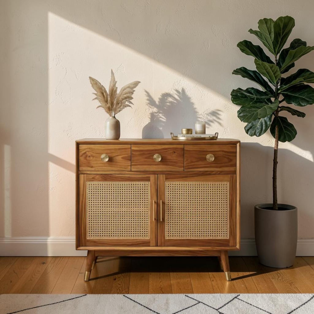 Homecrest Vellore solid sheesham wood chest of drawers with honey finish, rattan cabinet doors, and brass accents.