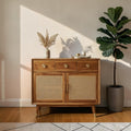 Homecrest Vellore solid sheesham wood chest of drawers with honey finish, rattan cabinet doors, and brass accents.