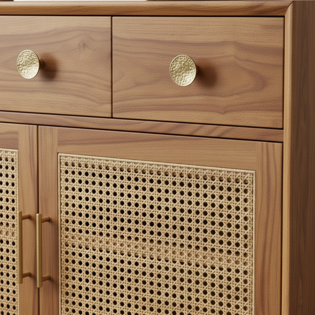 Homecrest Vellore solid Sheesham wood chest of drawers with honey finish, rattan cabinet doors, and gold hardware.