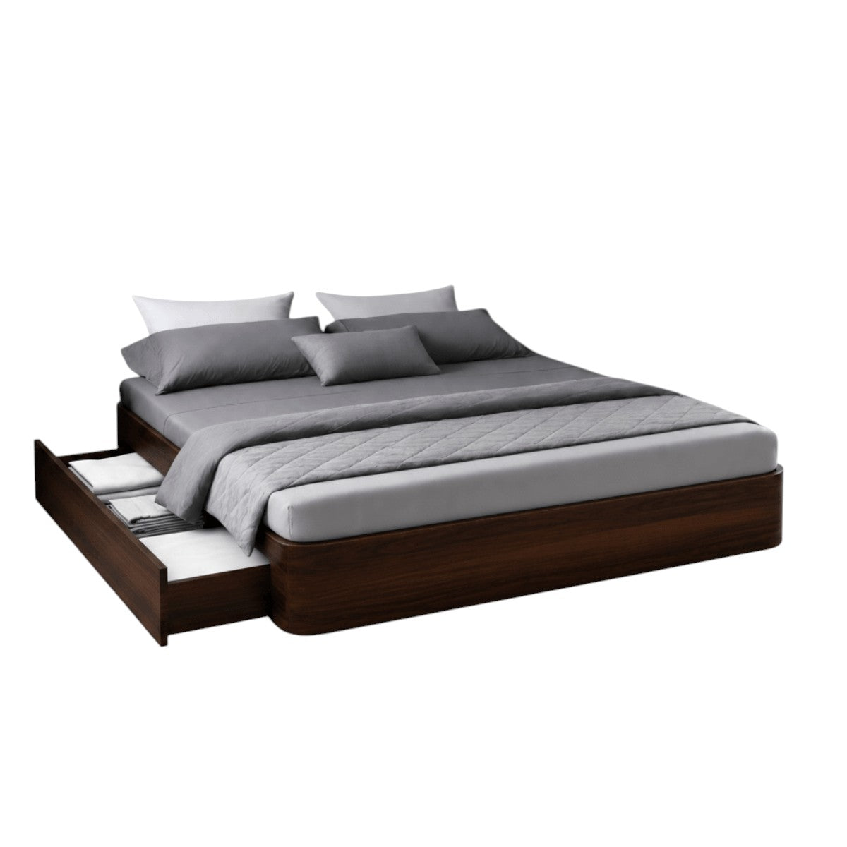 Homecrest solid sheesham wood storage bed in dark finish with a pull-out drawer and grey bedding, no headboard.