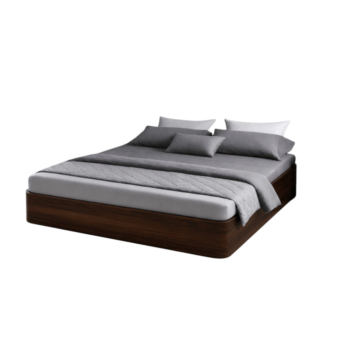 Homecrest Neave solid sheesham wood storage bed frame with dark wood finish and no headboard, dressed in grey bedding.