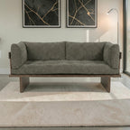 Homecrest Harlow solid wood sofa with grey corduroy upholstery and exposed wooden frame in a modern living room