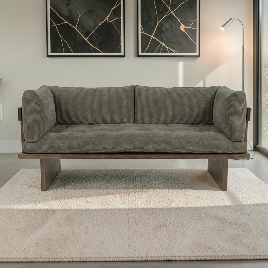 Homecrest Harlow solid wood sofa with grey corduroy upholstery and exposed wooden frame in a modern living room