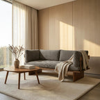 Homecrest Harlow solid wood sofa with grey upholstered cushions and exposed wooden frame in a minimalist living room