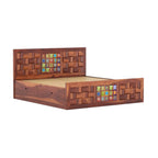 Homecrest Standen king size sheesham wood bed with honey finish, side storage drawers, and decorative tile accents.
