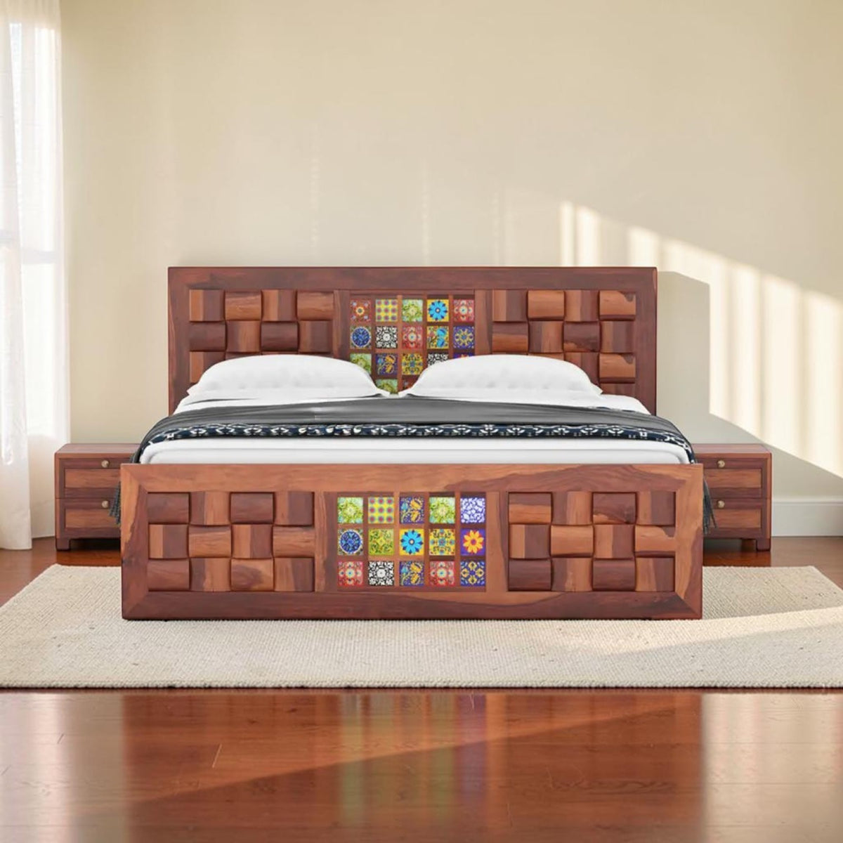 Homecrest Standen king size sheesham wood bed with honey finish, side drawer storage, and decorative tile accents.