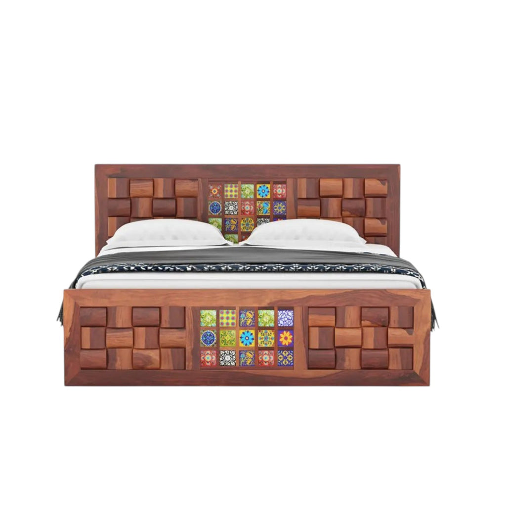 Homecrest Standen king size sheesham wood bed in honey finish with decorative tile accents and side drawer storage.