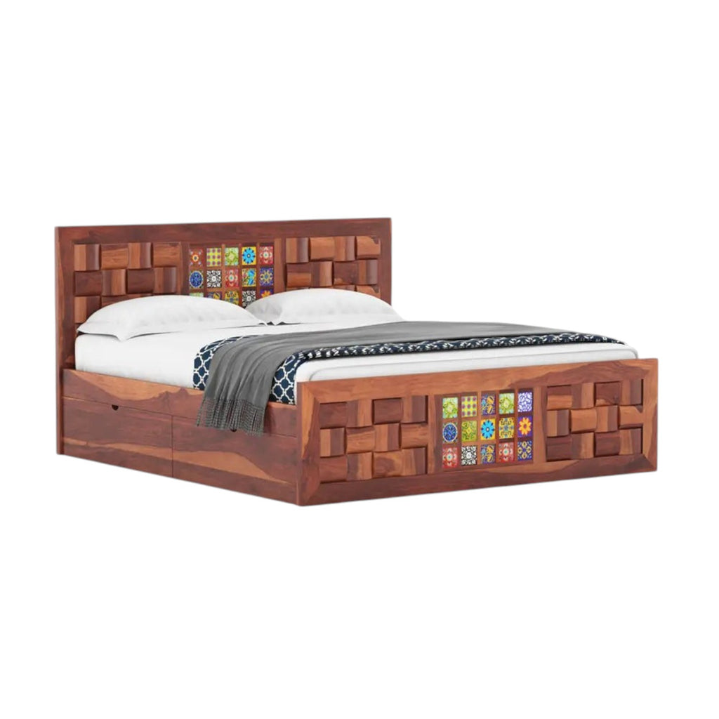Homecrest Standen king size bed in honey finish Sheesham wood with decorative tile accents and side drawer storage.
