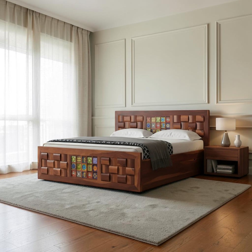 Homecrest Standen king size bed in honey finish sheesham wood with decorative tile accents and side drawer storage.