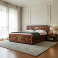 Homecrest Standen king size bed in honey finish sheesham wood with decorative tile accents and side drawer storage.